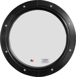 Model 200 round stationary window with black frame.